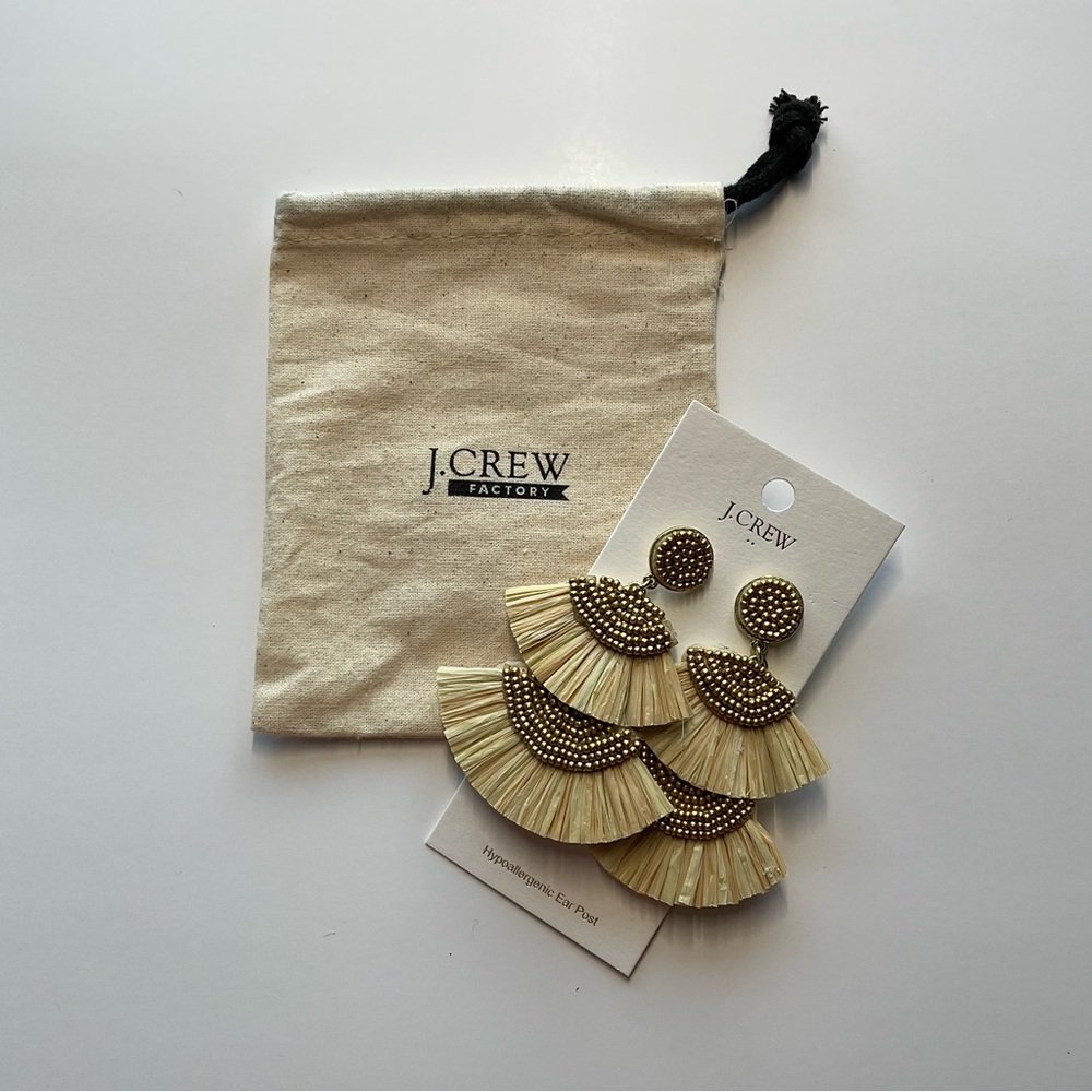 J. Crew Factory Gold and Cream Raffia Fan Statement Earrings New